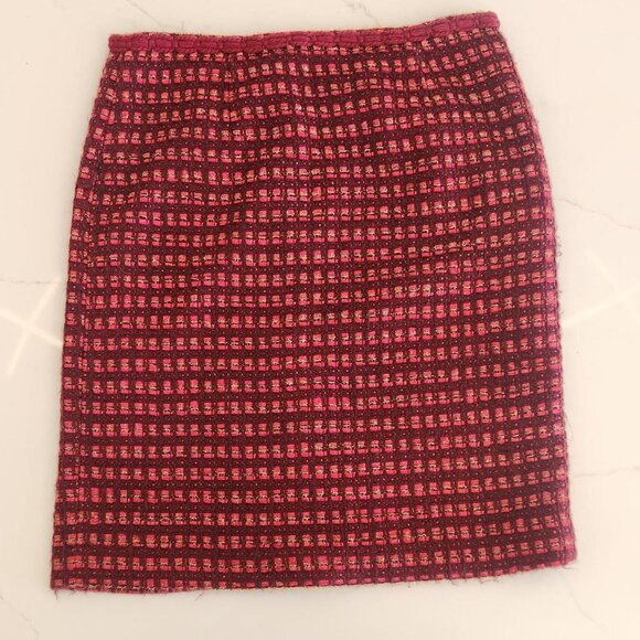 Tory Burch Wool Blend Sz 4 Basketweave Ribbon Plaid Pencil Skirt Pink Tweed Work - Picture 1 of 10